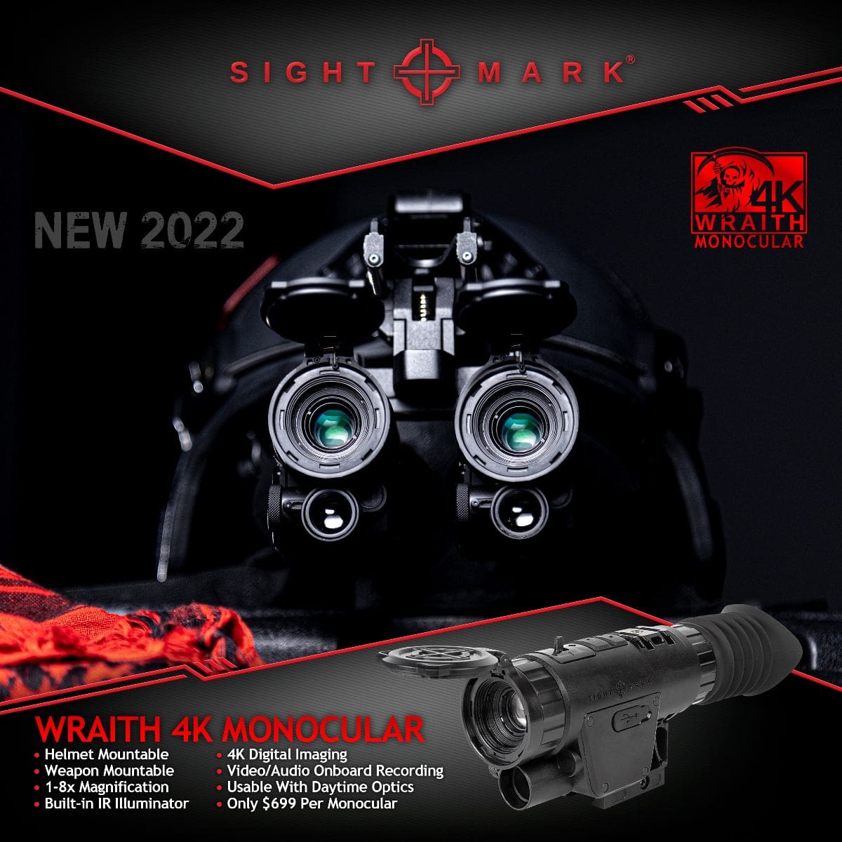 Monoculaire vision nocturne Wraith 4K 1x Sightmark