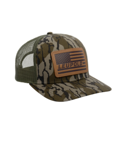 Leupold Leather Flag Trucker Hat Green/Bottomland Camo Adjustable Snapback OSFA Semi-Structured