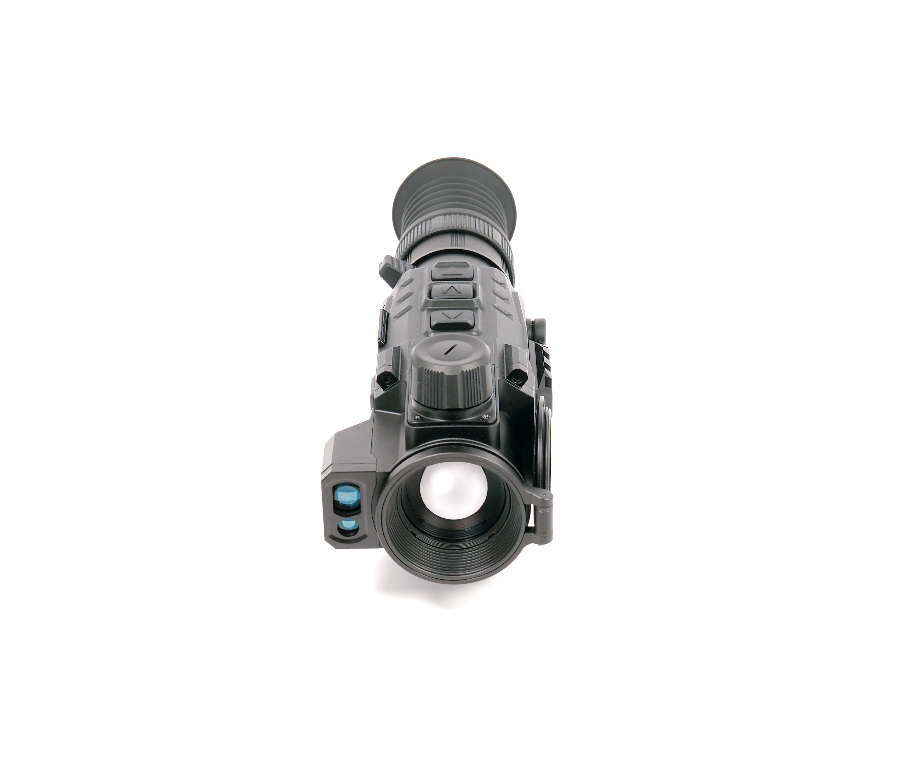 Close-up of a gray telescopic sight with a large front lens and textured adjustment caps.