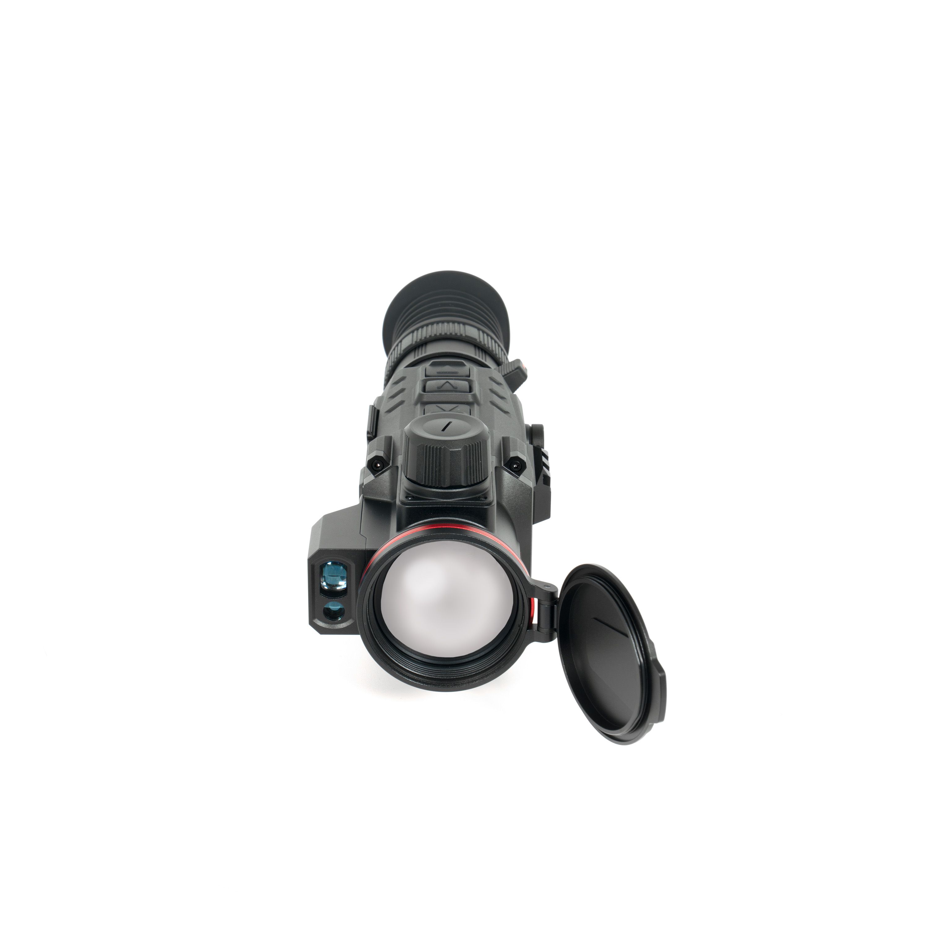 Close-up of a matte gray riflescope with its objective lens exposed and lens cap flipped open, showing adjustment turrets.