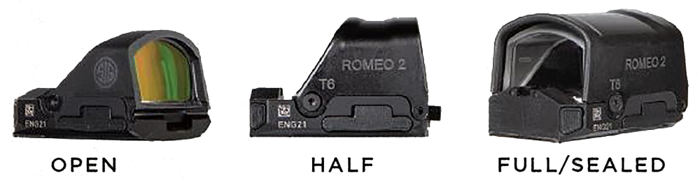 Row of three ROMEO2 red dot sights—open, half, and full-sealed housings.