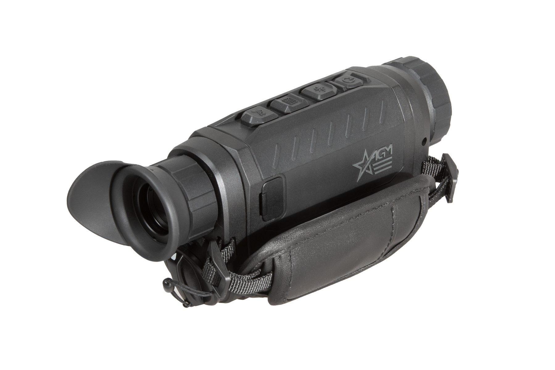 Black handheld monocular night-vision device with textured grip and control buttons on top edge, in a protective case edge view
