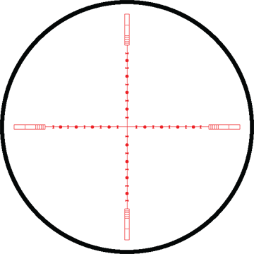 Red crosshair reticle with evenly spaced tick marks along horizontal and vertical axes inside a black circular border.