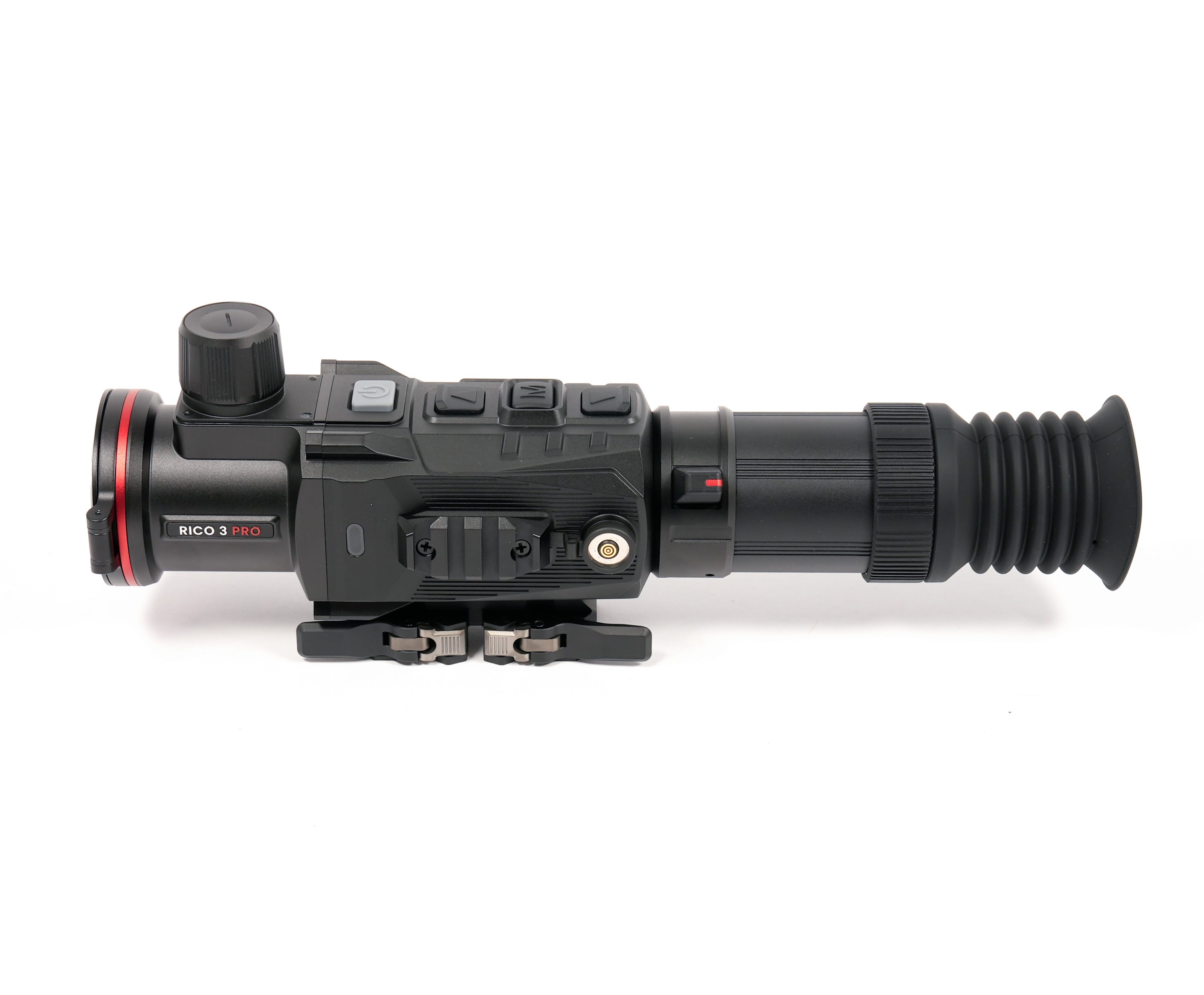 Close-up of a black modular device with a textured grip, three top buttons, and the label 'RICO 3 PRO' visible on the side.
