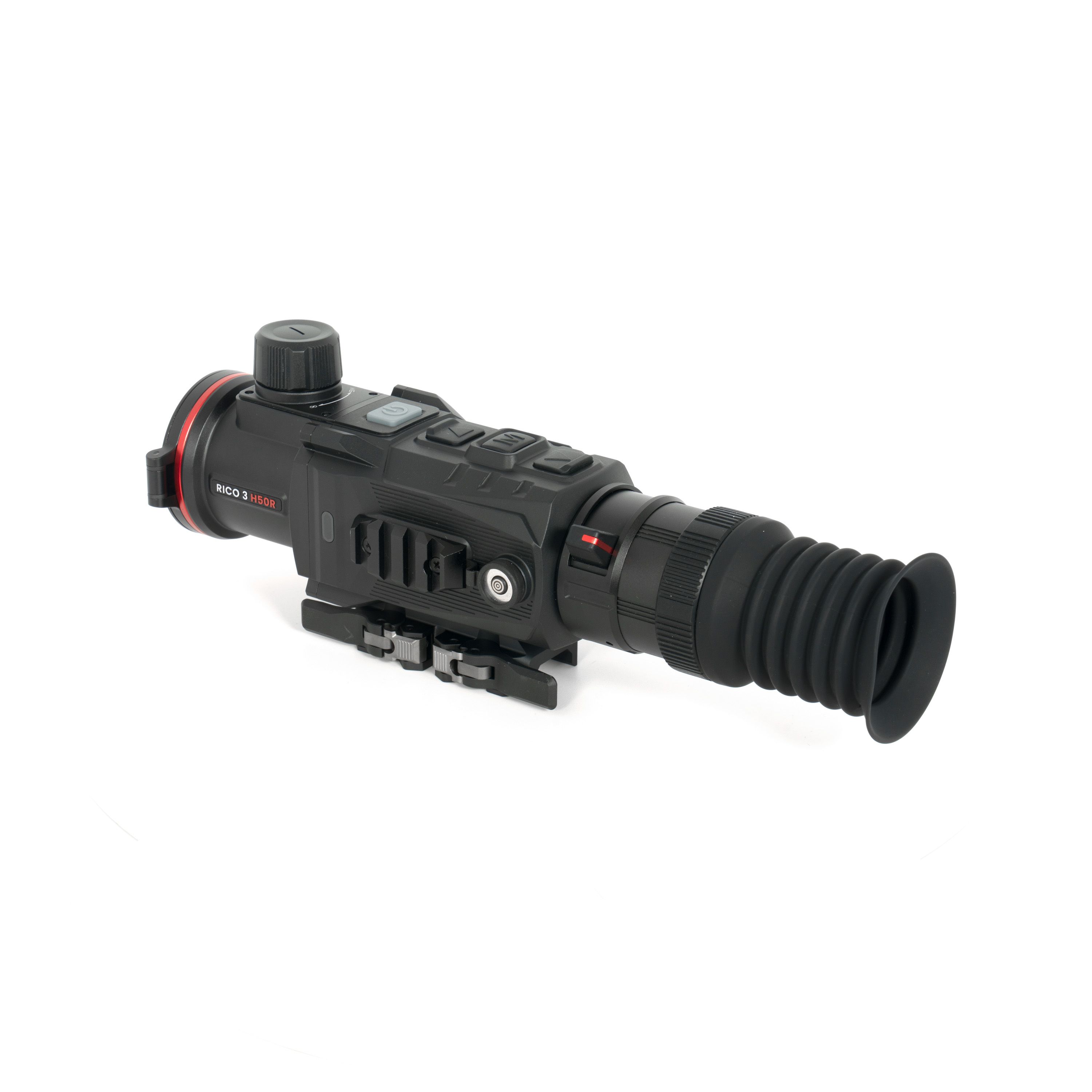 Close-up of a black Ricoh camera body with a large ribbed zoom lens and control dials visible on the side.