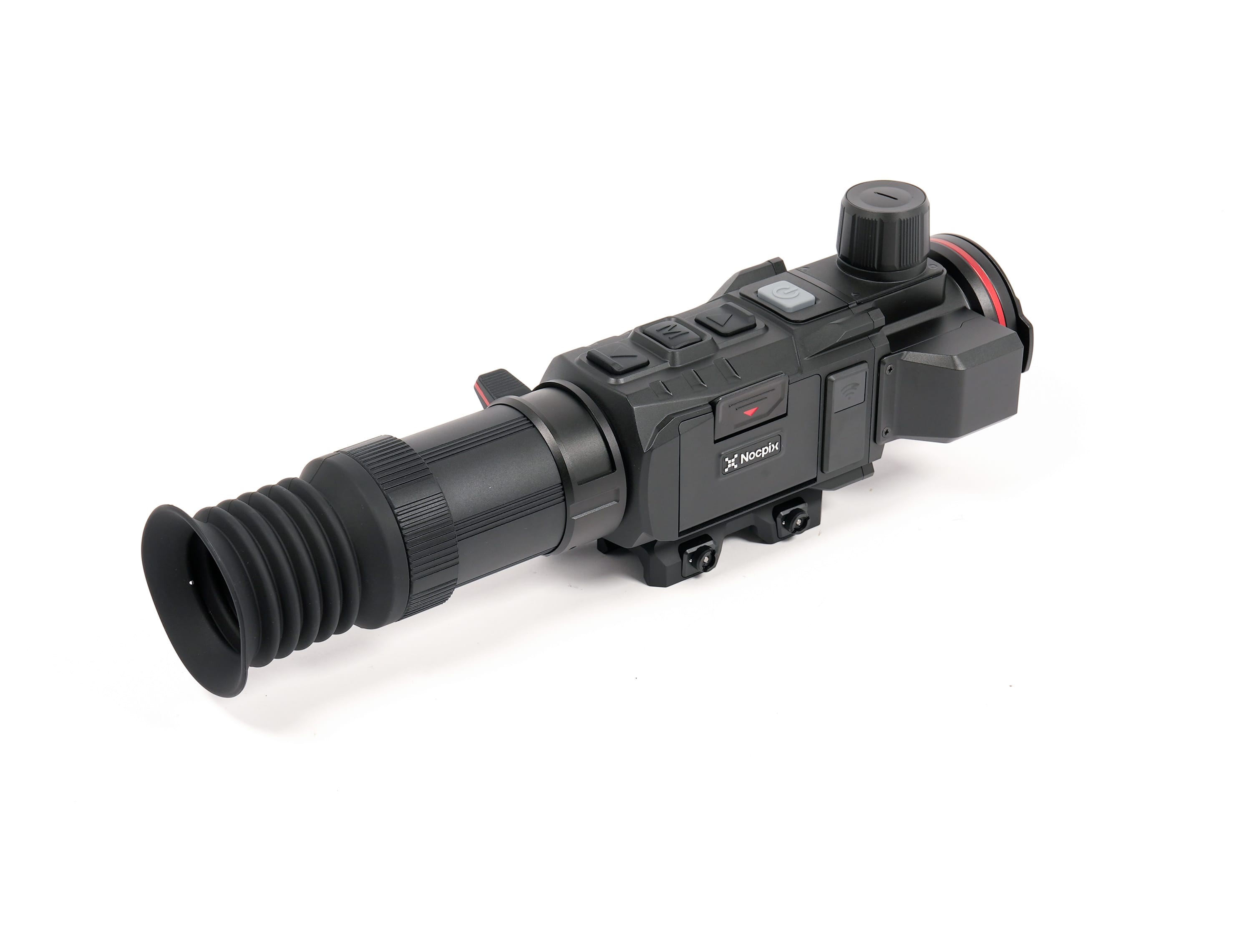 Close-up of a black tactical rifle scope with a large knurled eyepiece and multiple control buttons on a white background