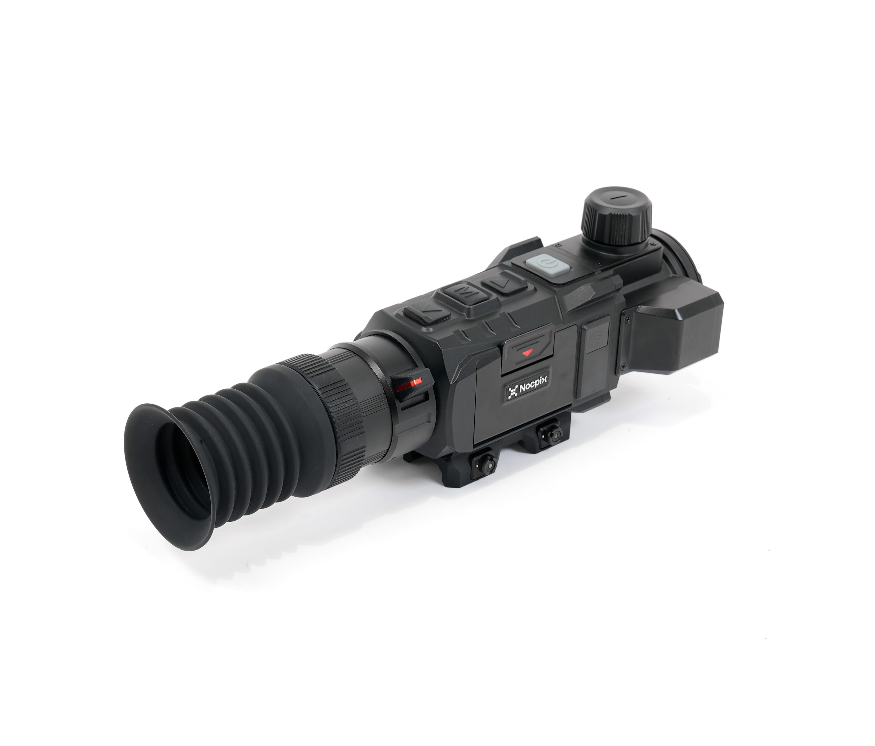 Close-up of a black optical scope with a large front lens, textured grip, and top control buttons; brand 'Nocpix' visible.