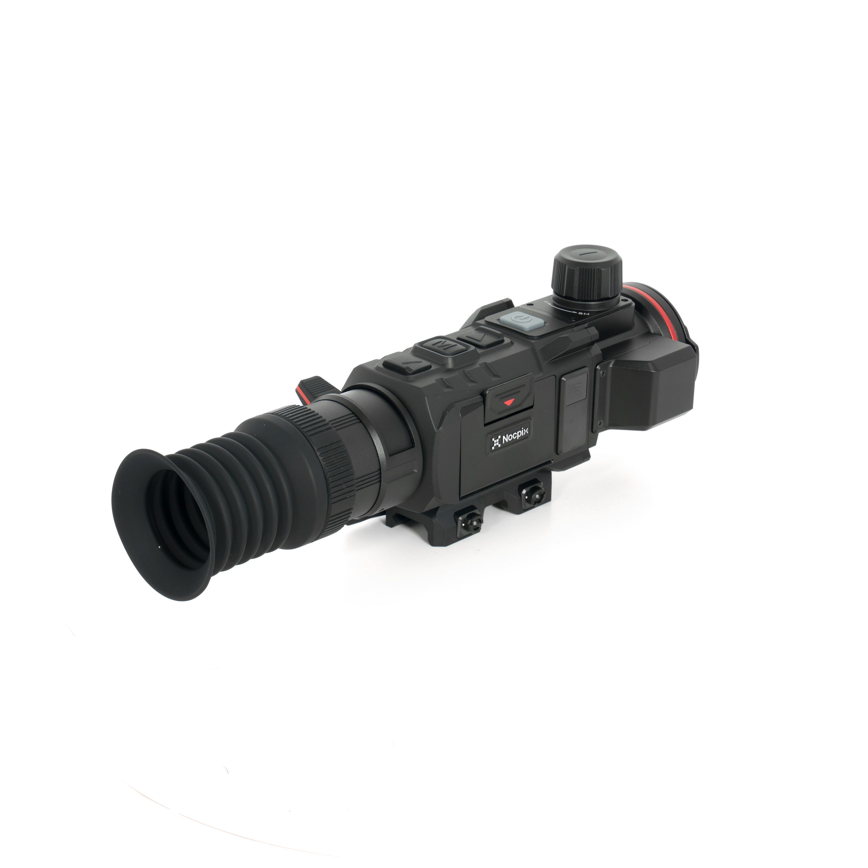 Professional video camera with a long zoom lens and control buttons on a white background.