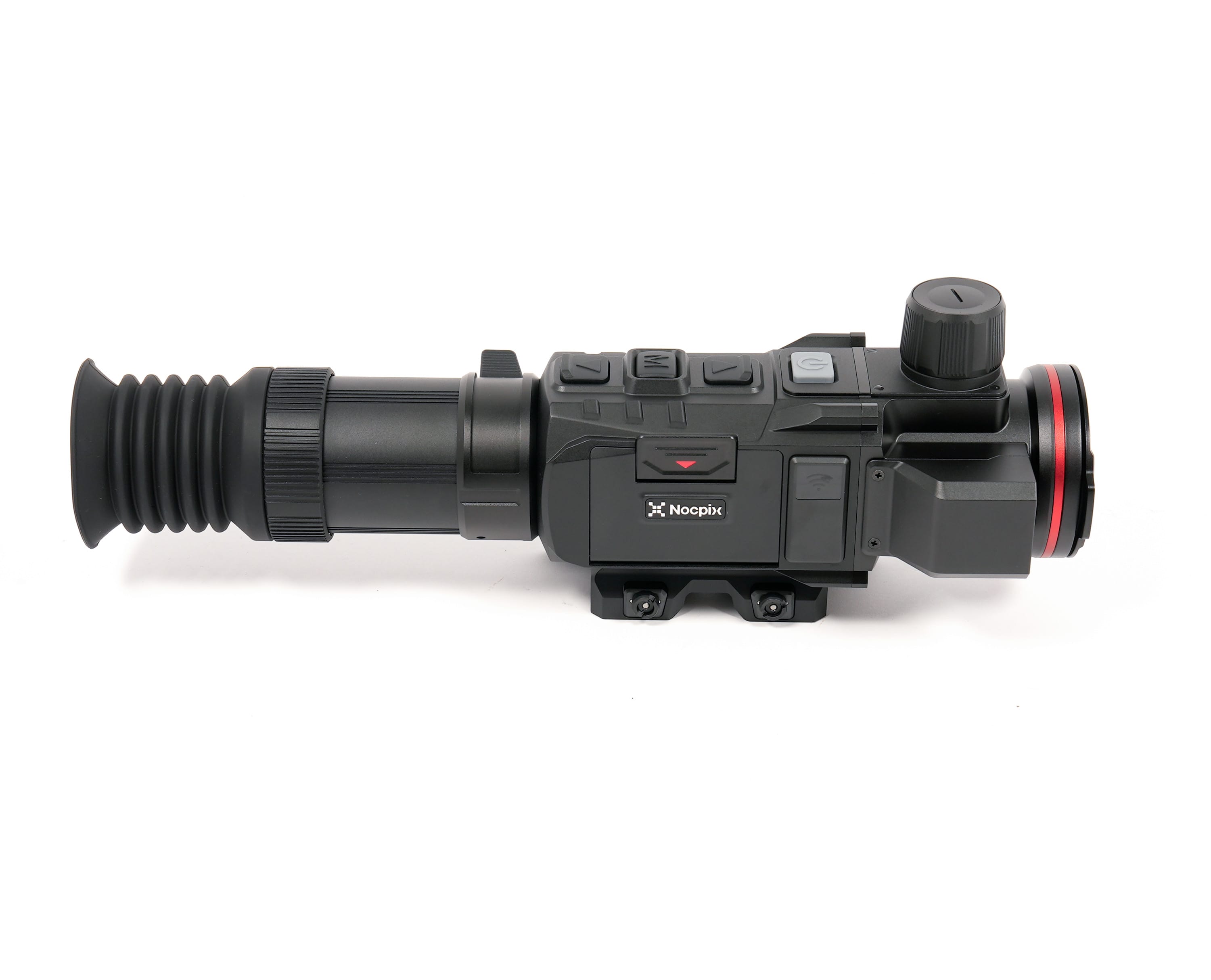 Close-up of a black tactical monocular with a large lens on the left, top control buttons, and a red-ring area on the right; Nocpix branding visible.