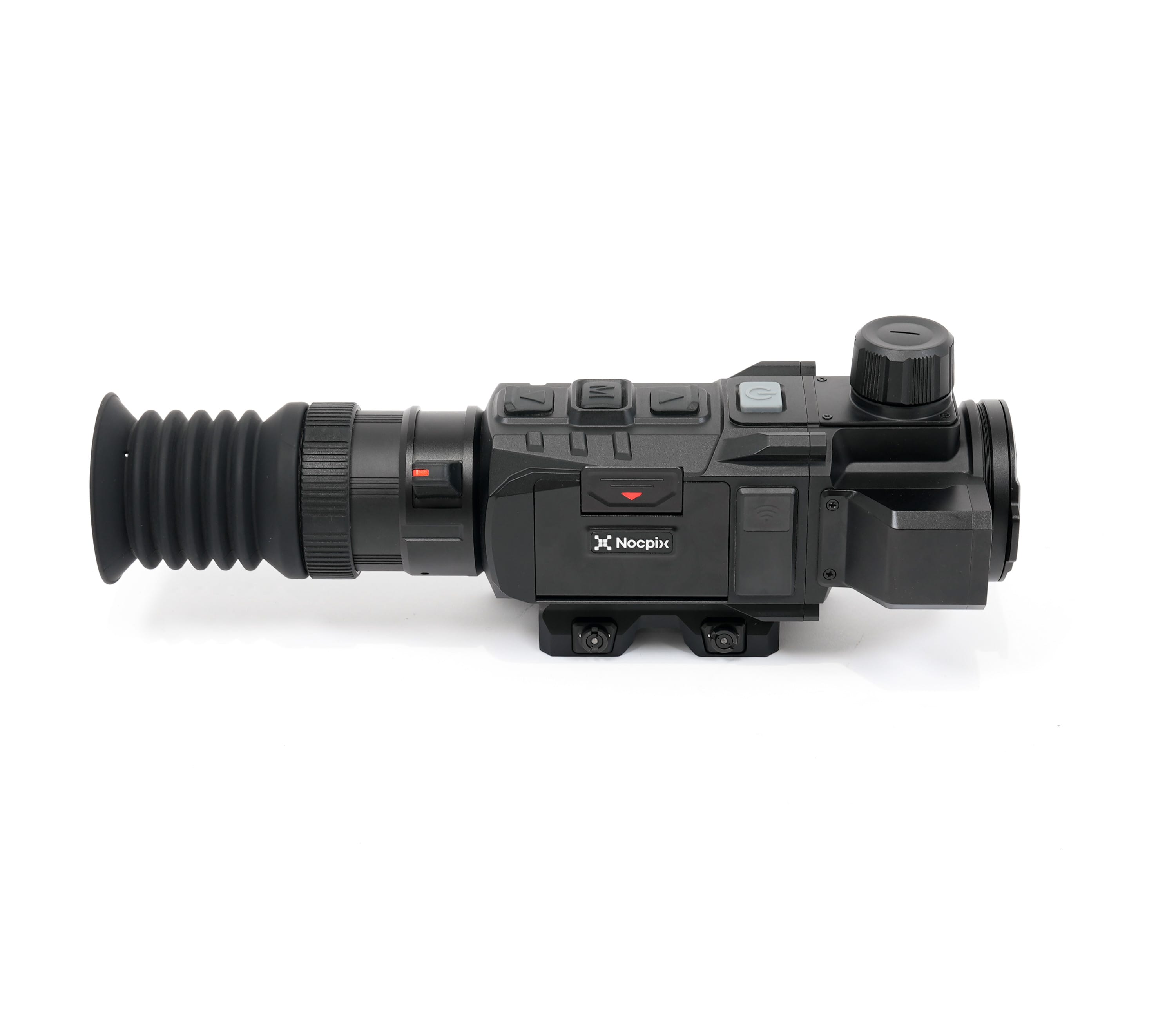 Close-up of a black Nocpix night-vision scope showing a ribbed eyepiece, textured grip, and function buttons on the housing.