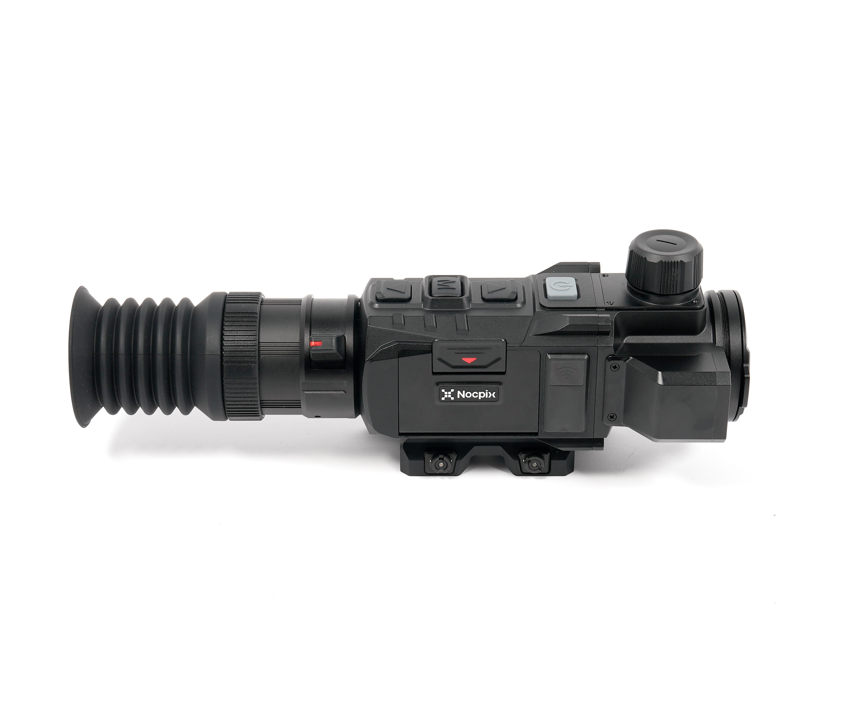 Close-up of a black night-vision scope with a ribbed eyepiece, textured grip, and control buttons on top, branded 'Nocpix' on the side.
