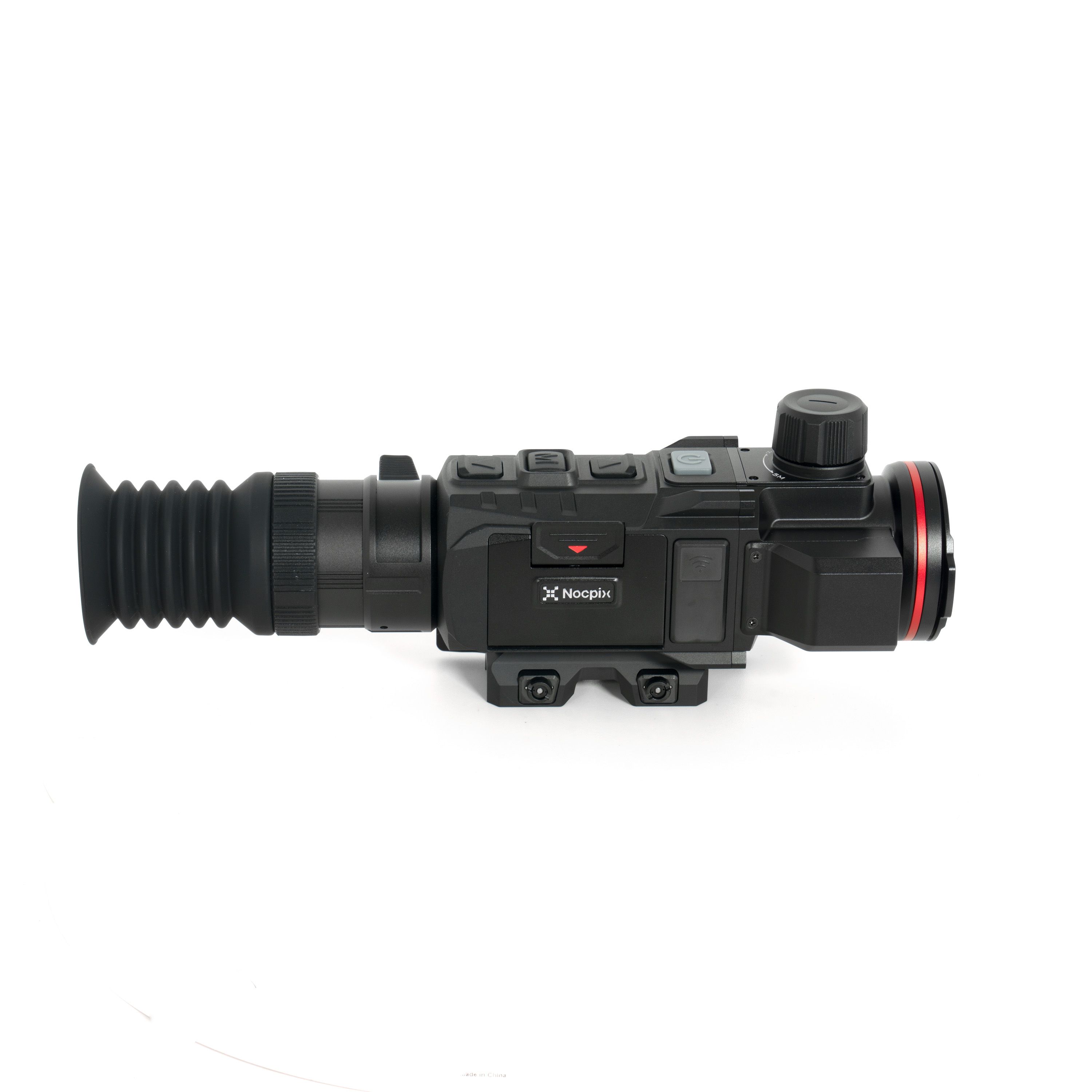 Close-up of a professional black video camera with a large zoom lens and several control dials on the body.