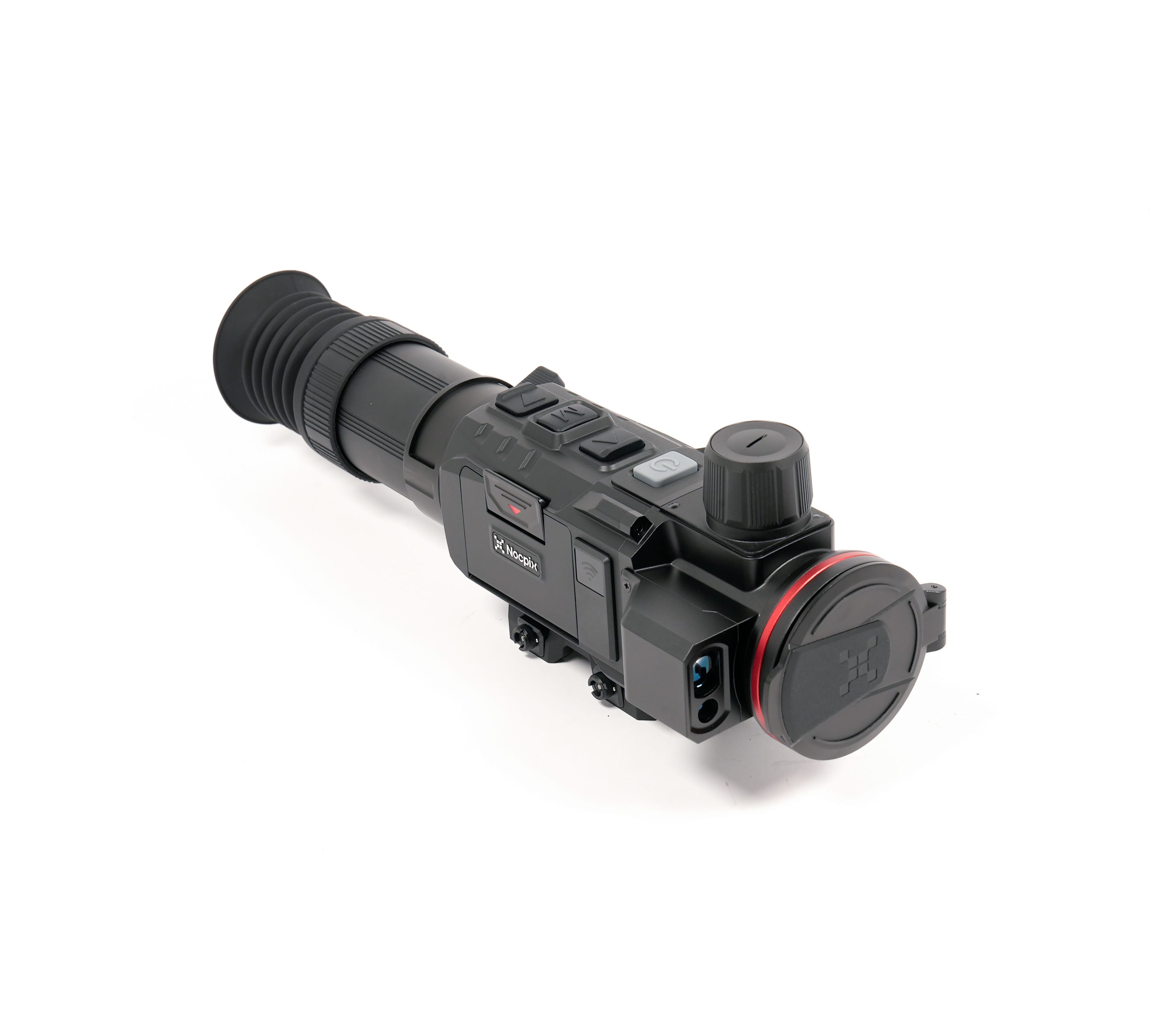 Close-up of a black night-vision scope with a large eyepiece and textured grip, viewed from the side.