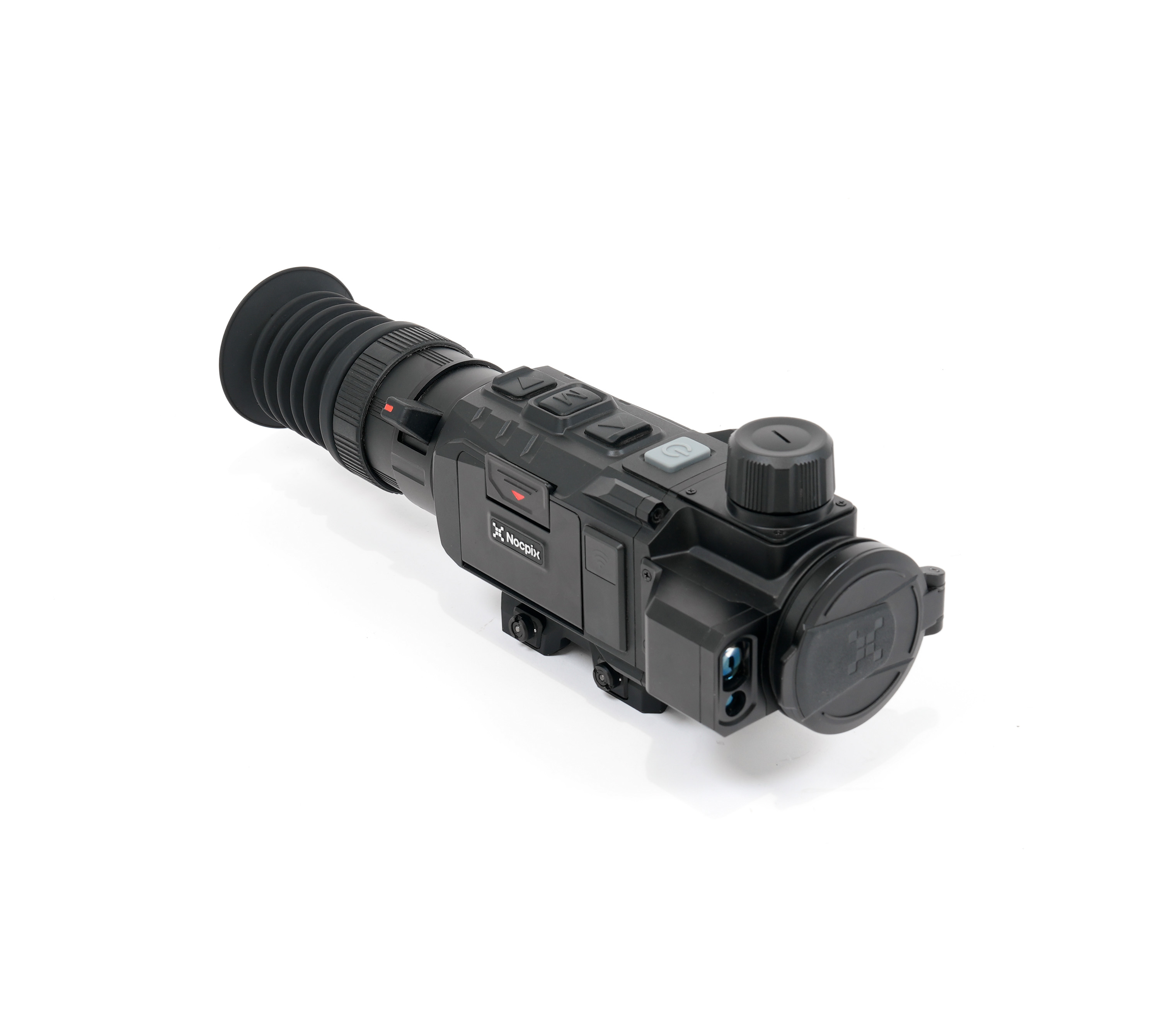 Close-up of a black optical scope with knurled focus ring and control buttons on a white background.