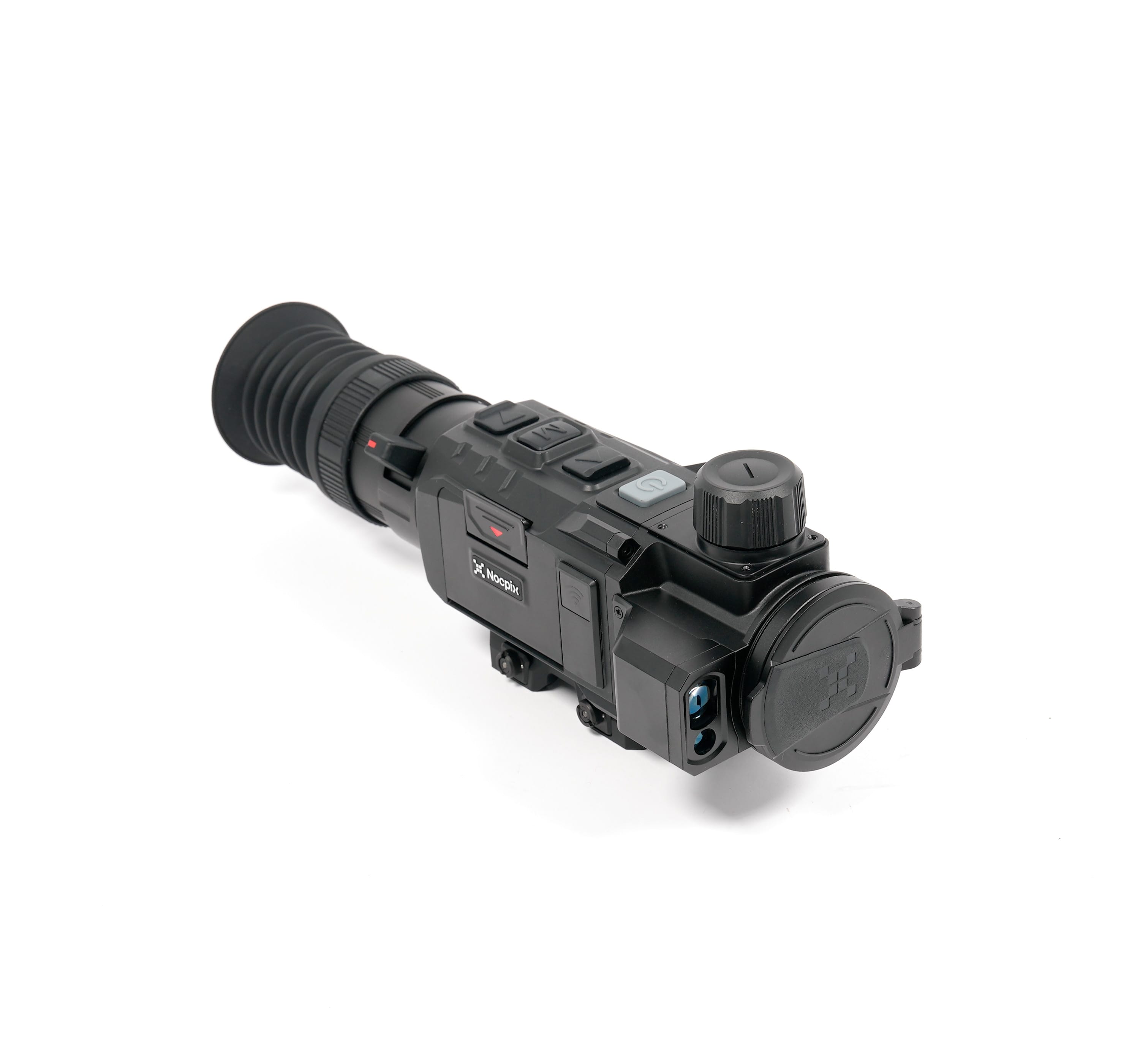 Close-up of a black camera accessory with a ribbed lens barrel and control buttons on a white background, showing part of the device.