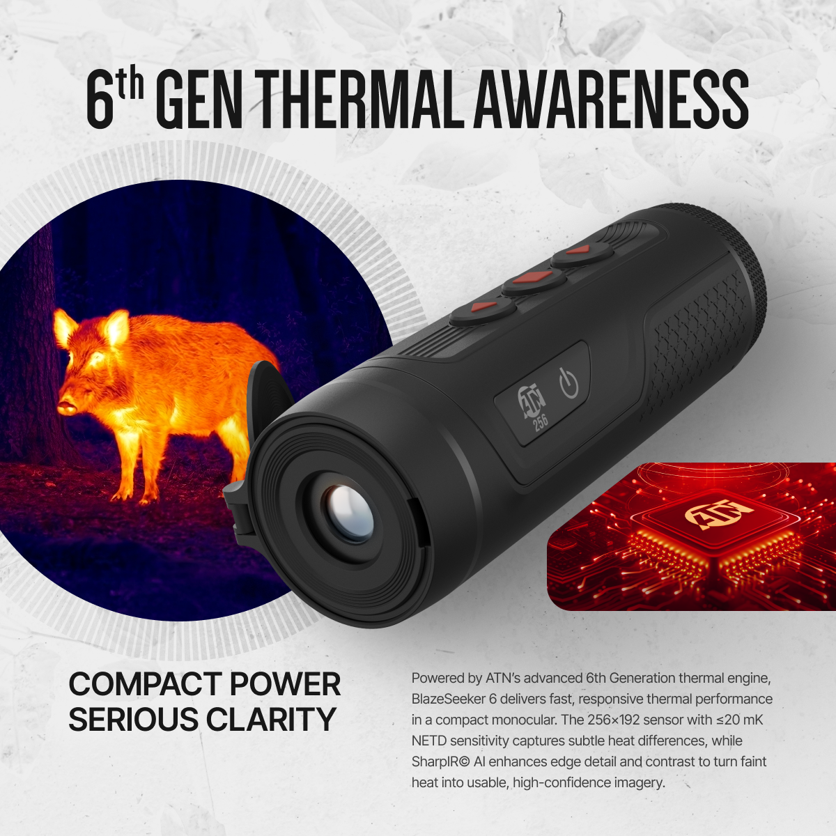 ATN BlazeSeeker Thermal Monocular, 1.7–13.6x, 256×192 Sensor, 12μm, ≤20 mK NETD