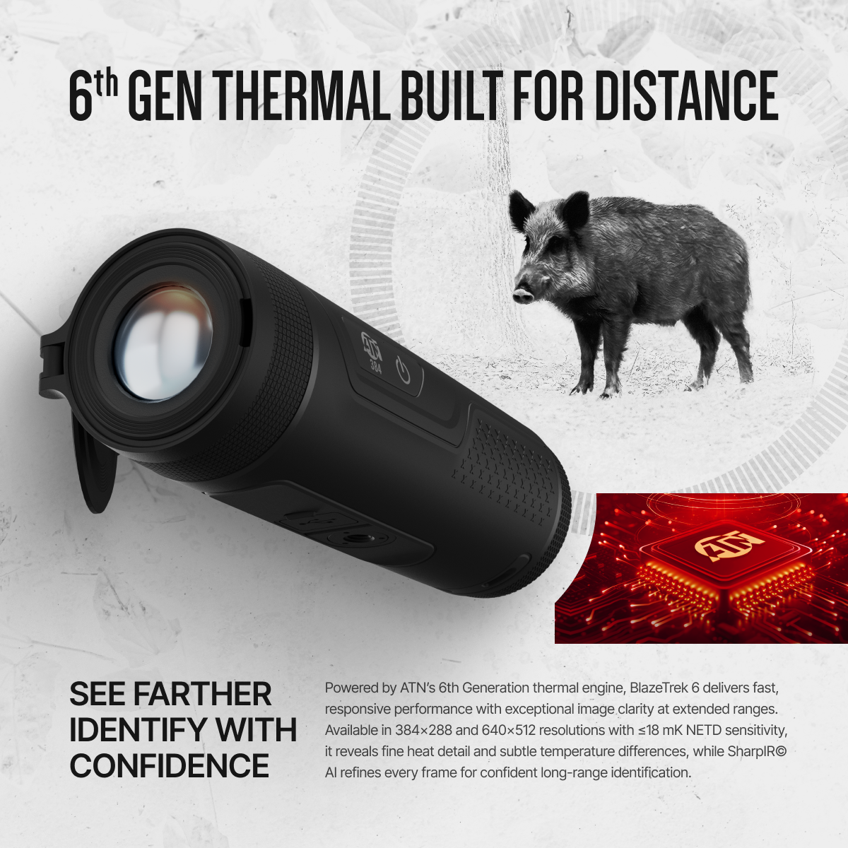 ATN BlazeTrek Thermal Monocular, 2.8–22x, 384×288 Sensor, 12μm, ≤18 mK NETD