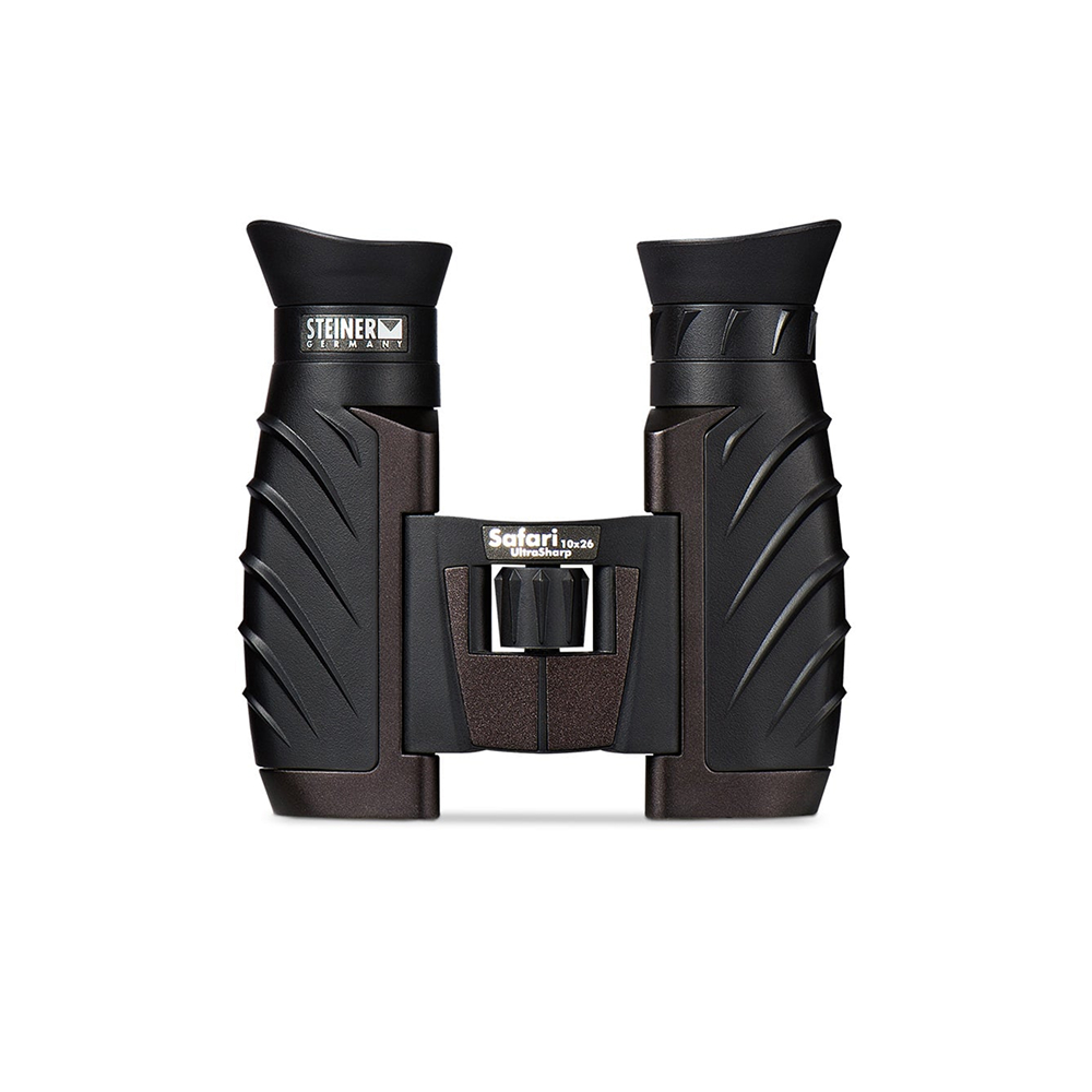 Compact Steiner Safari 10x26 binoculars in black and brown with textured grip, shown from front.