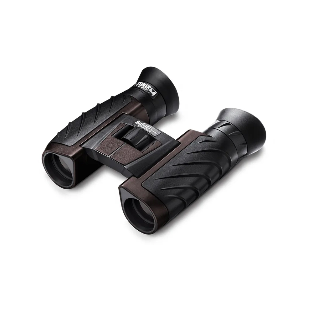 Compact black binoculars with textured grips and central focusing wheel, viewed from an angle on a white background.