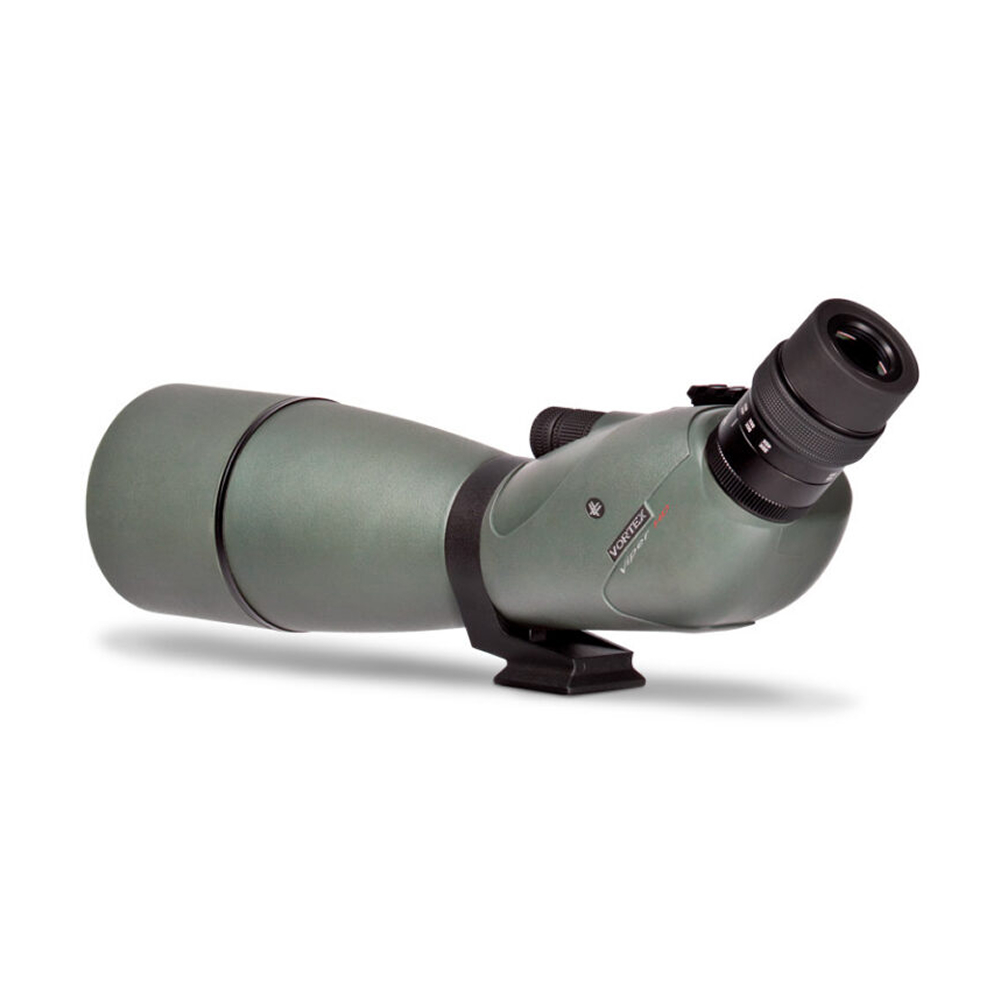 Green compact spotting scope with angled eyepiece mounted on a small stand, on a white background.