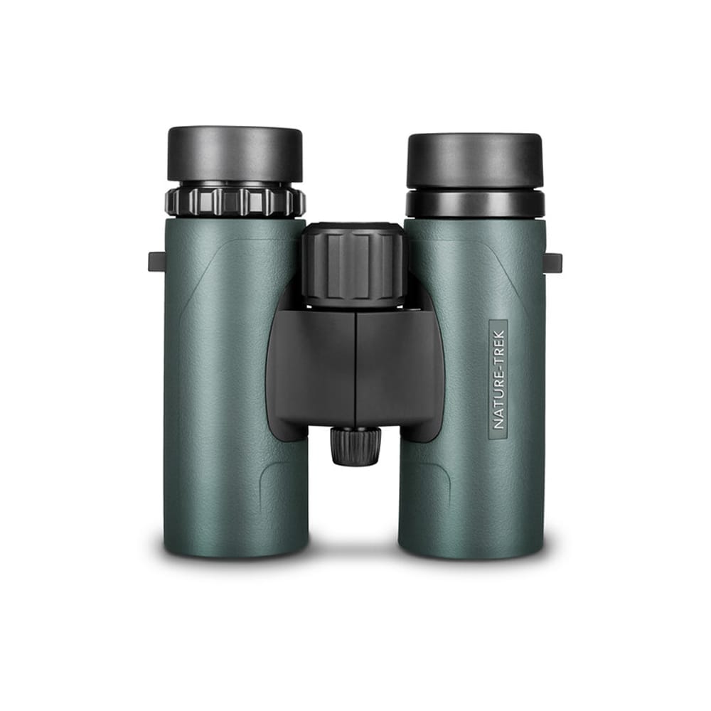 Green binoculars with black central hinge and eyepieces, Nature-Trek branding on the right tube.