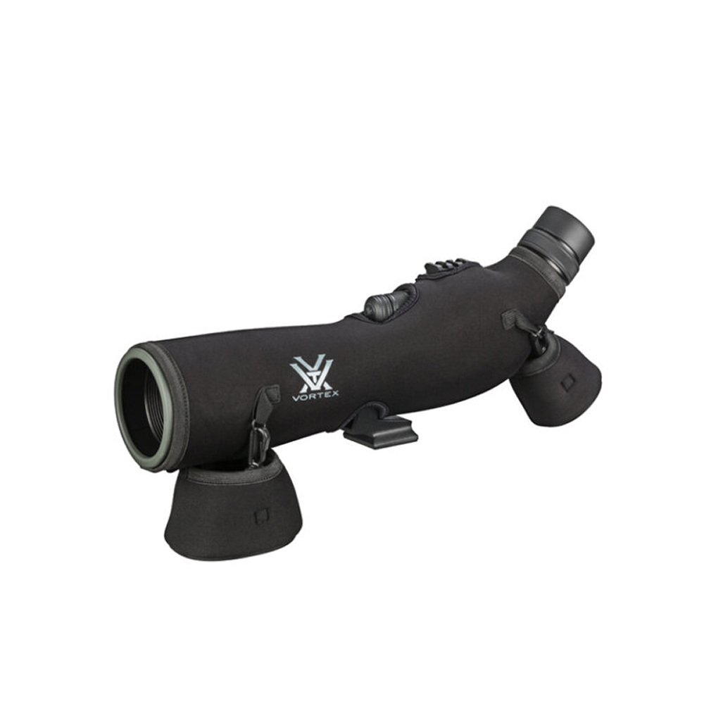 Black neoprene rifle scope cover with lens caps and mounting bracket, featuring a white Vortex logo.