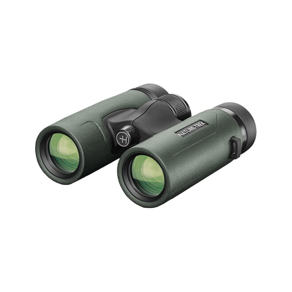 Green binoculars with textured green body, central focus wheel, and Nature Trek label on the side.
