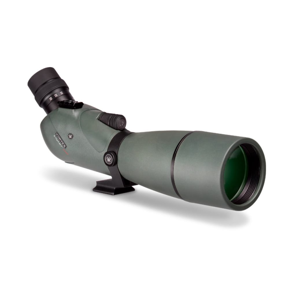 Green spotting scope with angled eyepiece mounted on a small tripod base for long-range viewing and wildlife observation.
