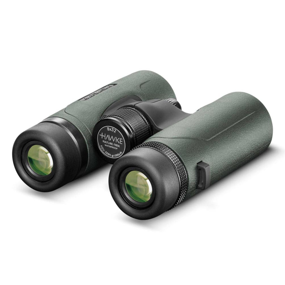 Green textured binoculars with black eyepieces and a central focusing knob, shown on a white background