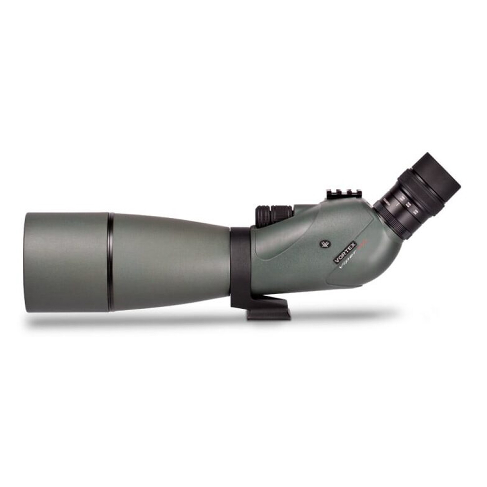 Green angled spotting scope with eyepiece on the right, mounted on a small stand for stability.