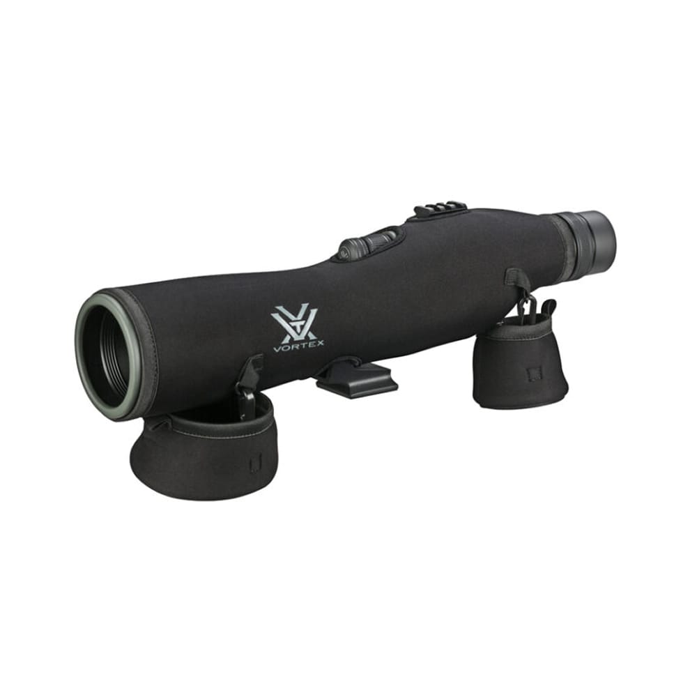 Vortex spotting scope with black neoprene cover and front lens cap, mounted on a stand