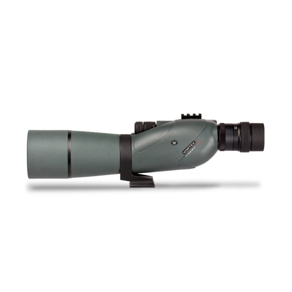 Vortex spotting scope with a green-gray body, long eyepiece on the right and a capped objective lens on the left, mounted on a small support.