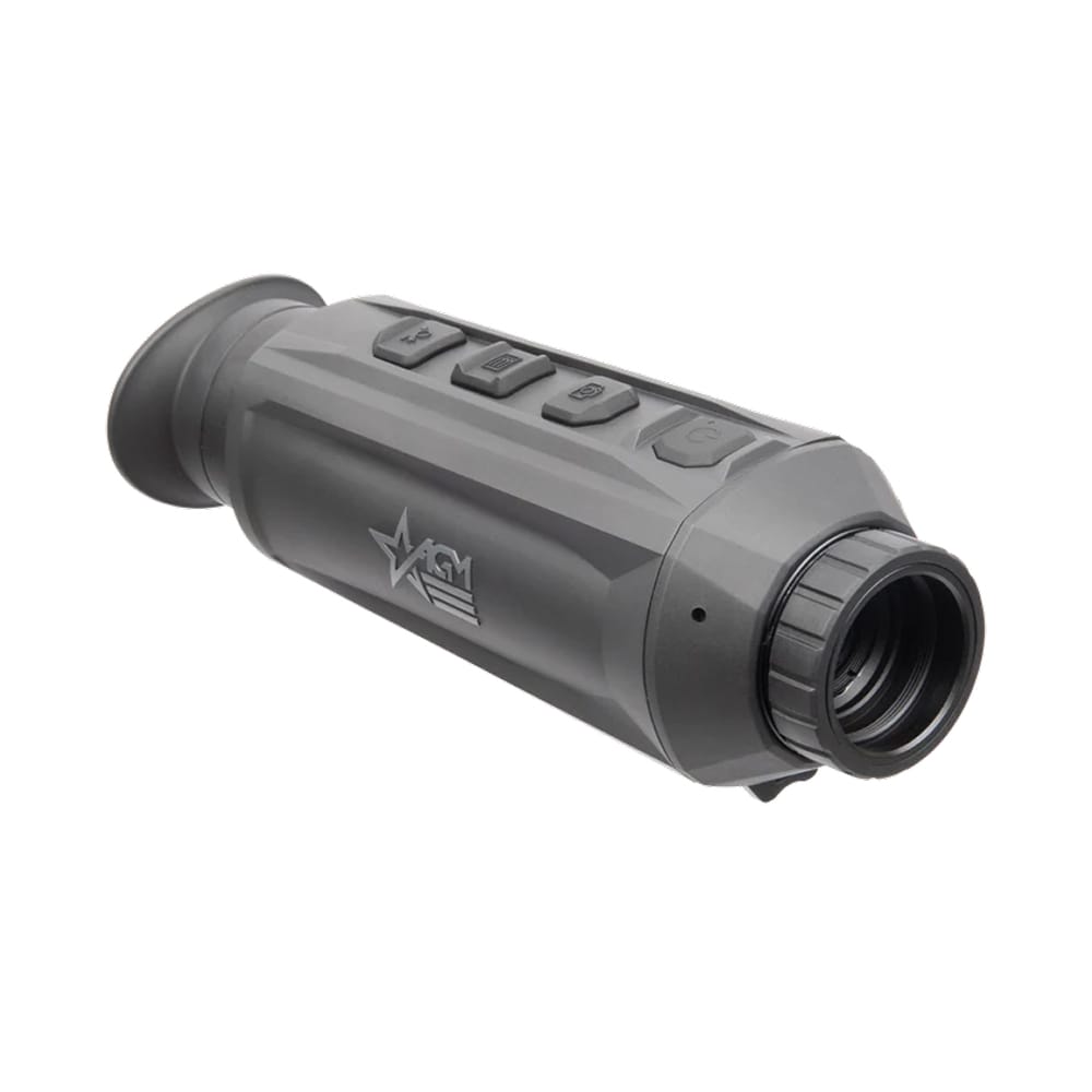 Grey handheld monocular with four top-mounted buttons and textured grip, viewed from the side.