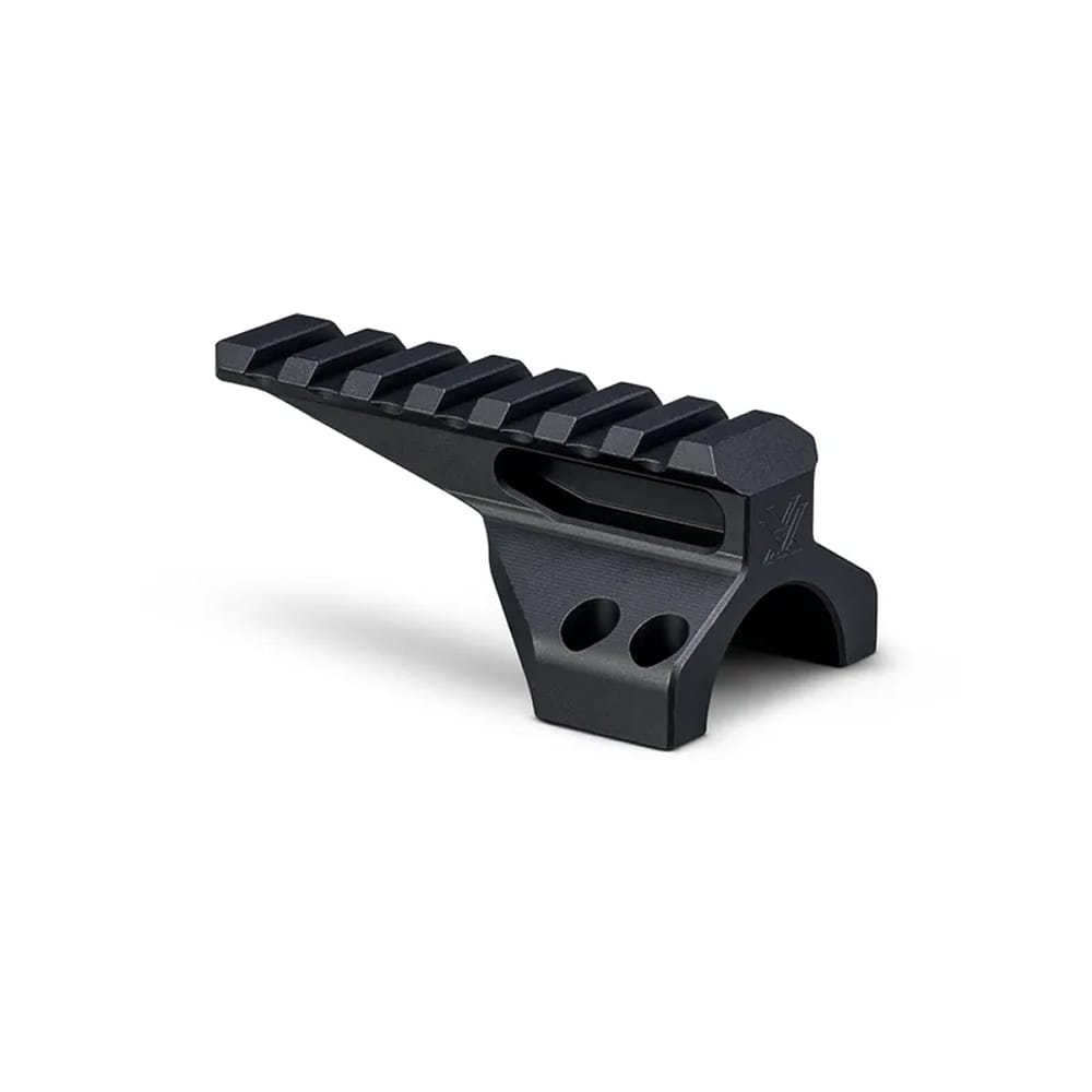 Black Picatinny rail mount for attaching optics to a firearm, with a top series of ridges and a mounting base with two holes below