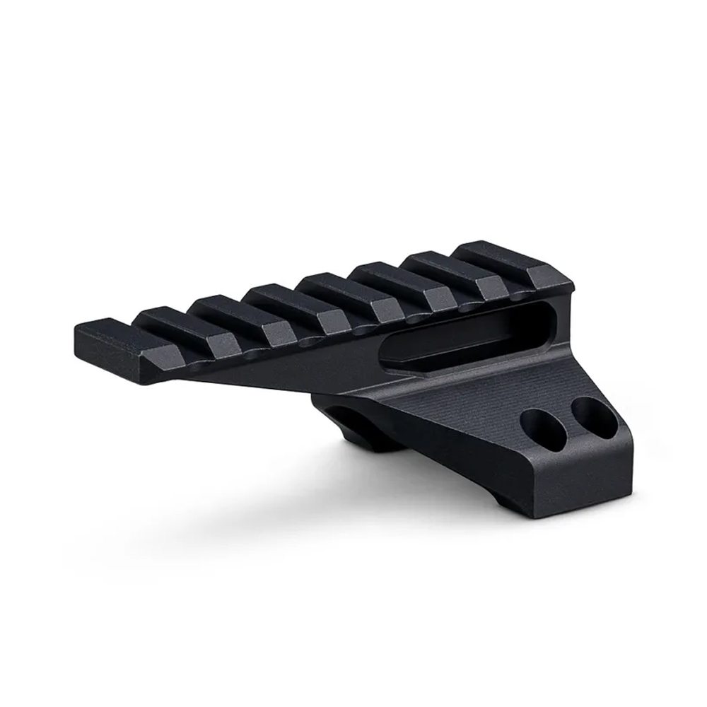 Black Picatinny rail mount accessory for firearms with multiple rail slots and mounting holes