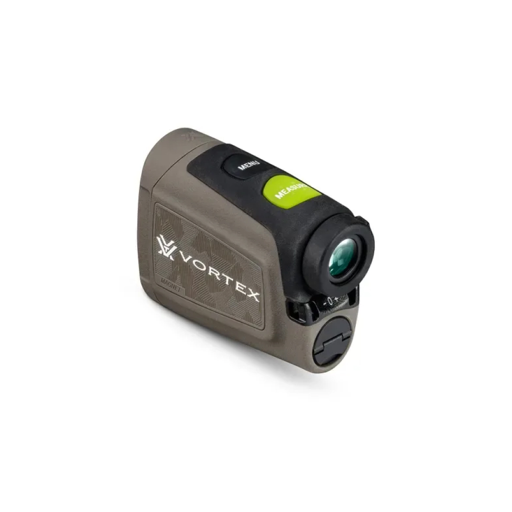 Vortex micro red dot sight with a green action button, angled to show the lens and side controls