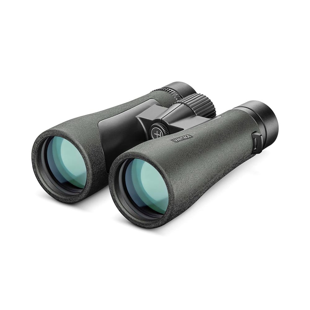 Black binoculars with textured grip and teal-tinted lenses on a white background; close-up product photo.