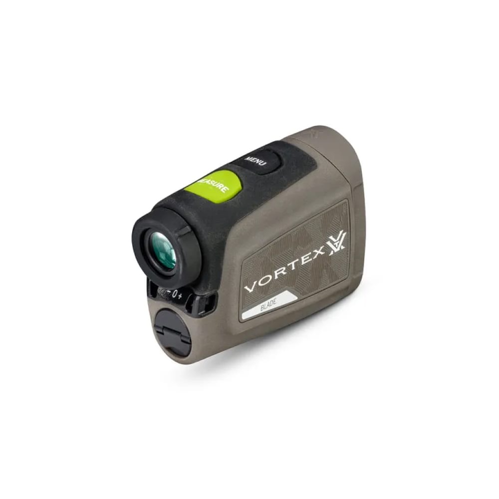 Compact handheld optical device with a small lens, labeled VORTEX BLADE, brown/gray body and a green MEASURE button on top.