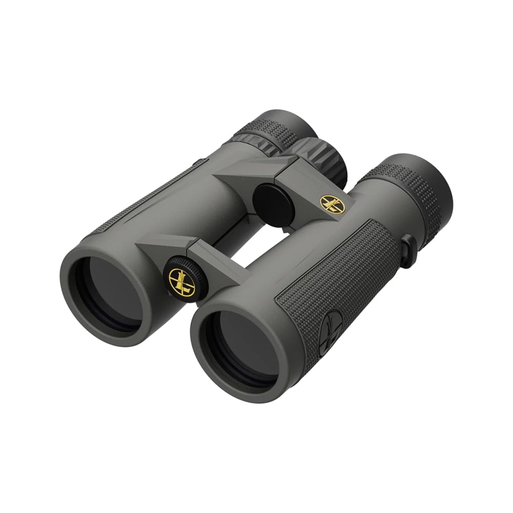 Gray binoculars with textured grips and a central hinge, viewed from above, ready for use.