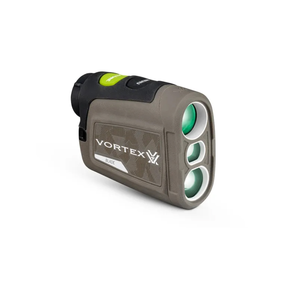Vortex Blade laser rangefinder with olive-brown body and three green-tinted front lenses, shown from a side angle.