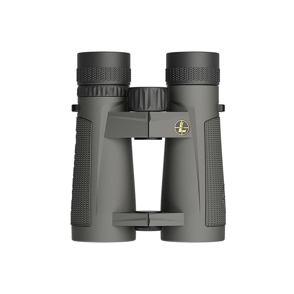 Gray compact binoculars with textured grips and a central hinge, front view.