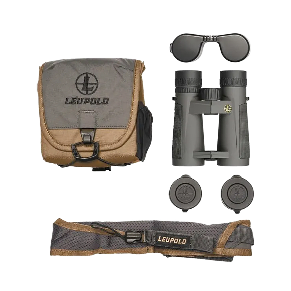 Leupold binoculars kit with a gray-green protective case, compact binoculars with lens caps, and a padded neck strap.