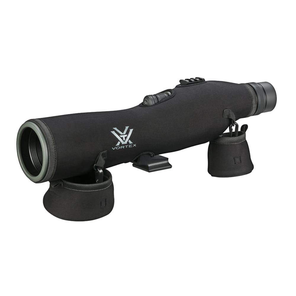 Black Vortex rifle scope with protective lens covers and adjustment knobs, shown on a white background