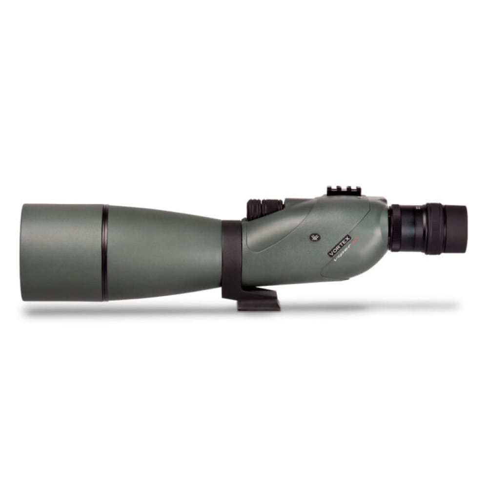 Green spotting scope with eyepiece, mounted on a small base, shown in side profile.