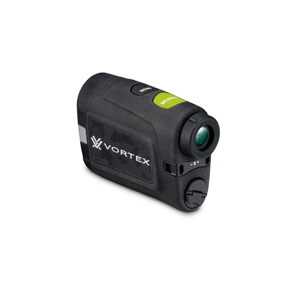 Black Vortex hand-held monocular with a green measure button and lens on the right side.