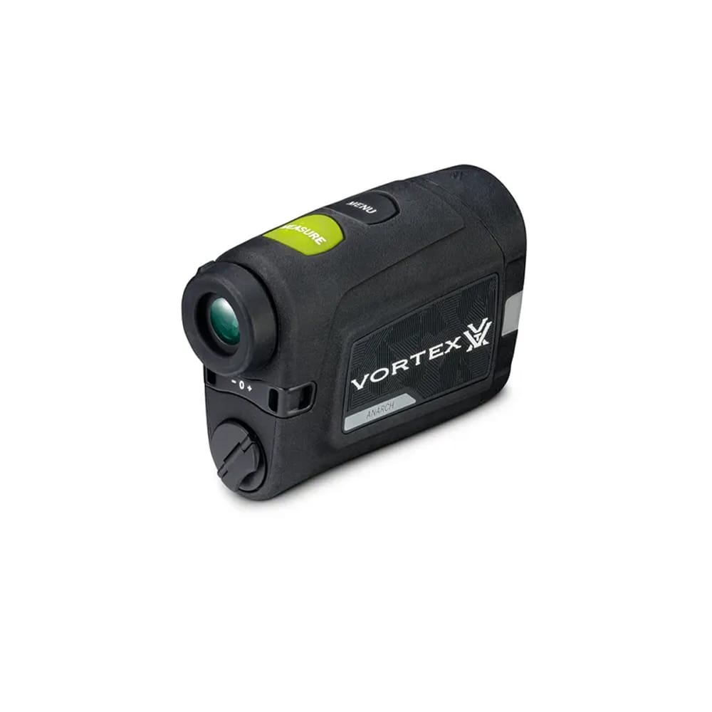 Black Vortex rangefinder with green optical lens, labeled MENU and MEASURE, showing a textured body and brand name on the side