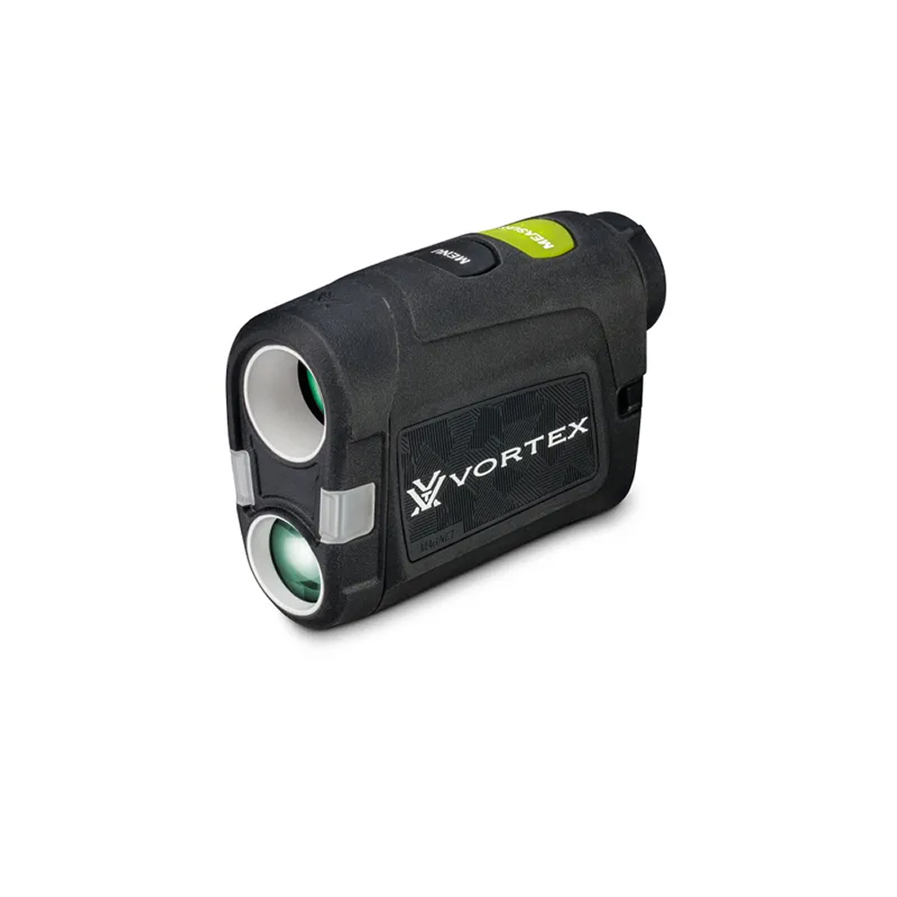 Handheld black Vortex rangefinder with dual lenses and green/yellow buttons; used to measure distance to targets