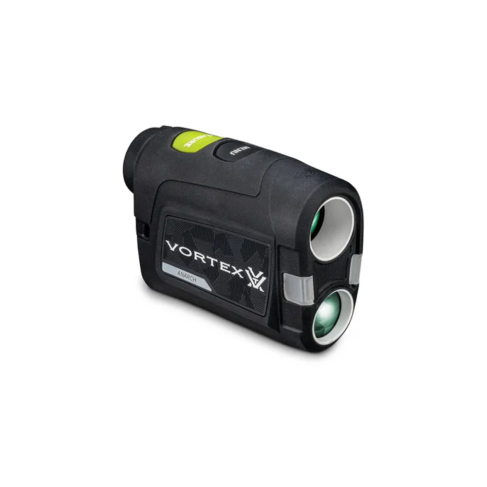 Compact Vortex Anarch rangefinder with twin lenses and a green top button, used to measure distance for golf or shooting.