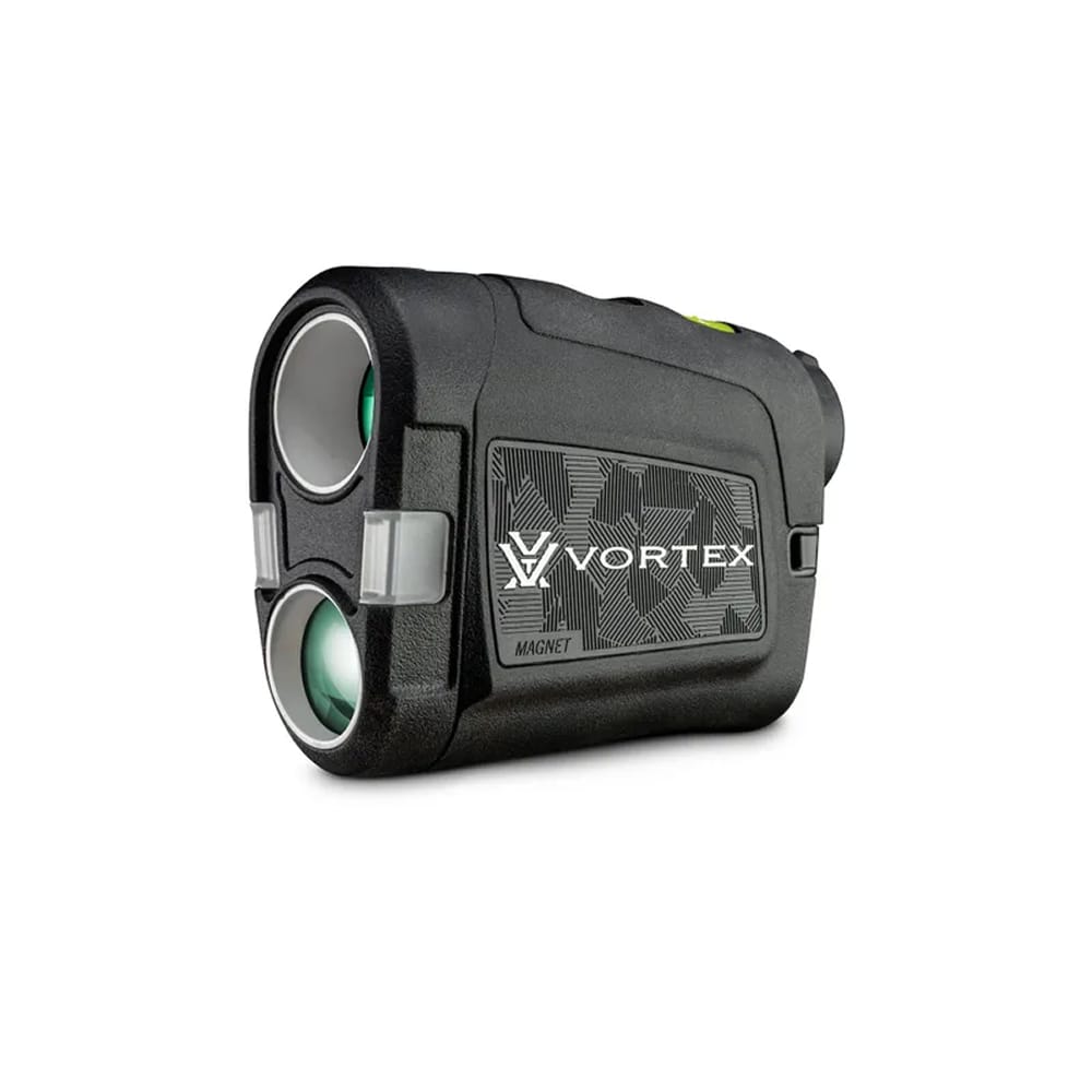 Black Vortex rangefinder with twin lenses and a textured side panel, logo visible on the side.