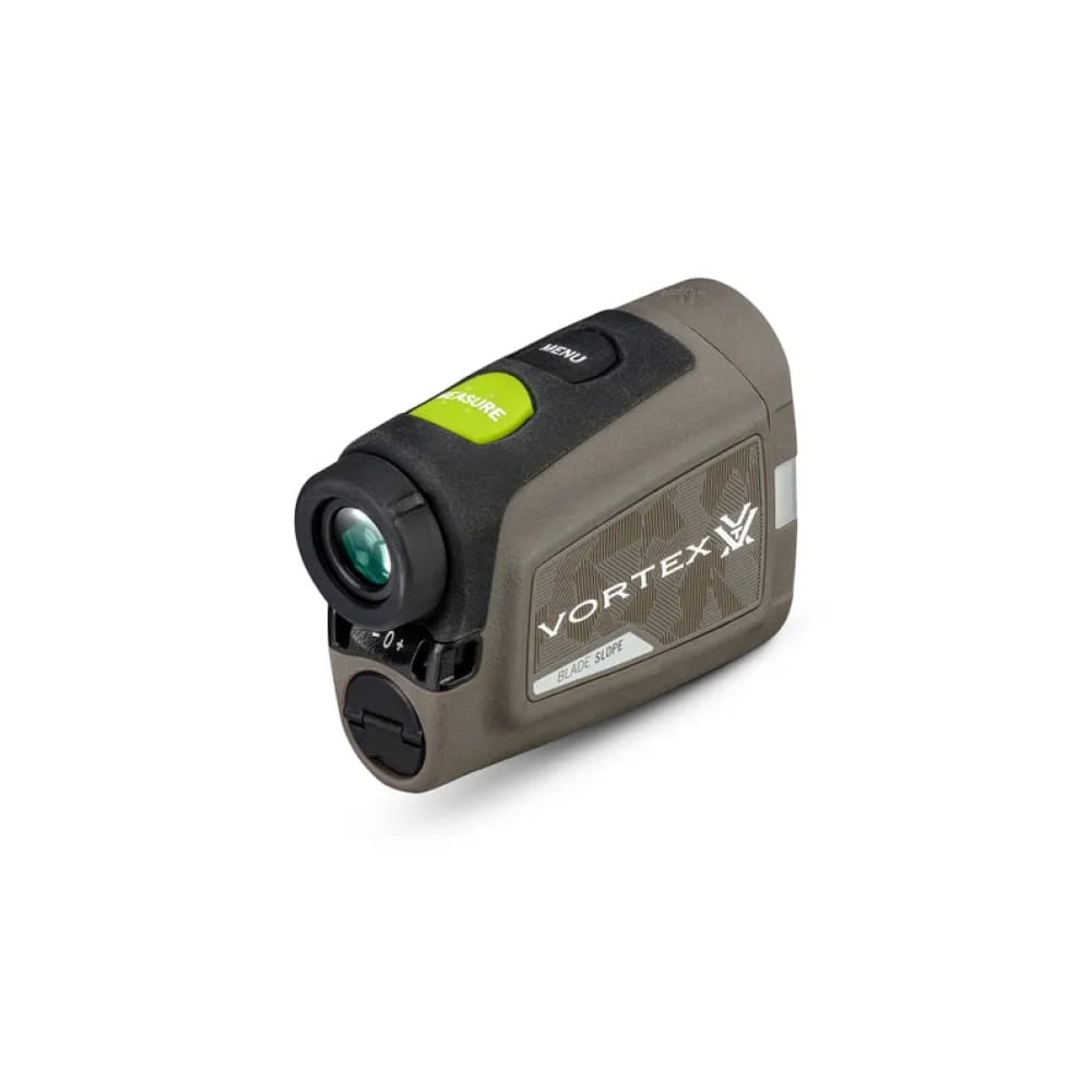 Compact olive-green Vortex rangefinder with an eyepiece, green 'Measure' button, and 'Blade Slope' label on the side.